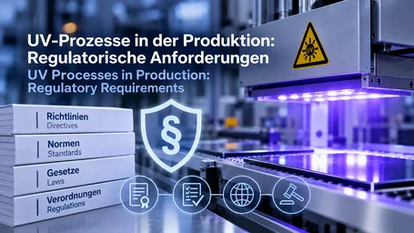 UV curing line with an optical radiation warning sign, in front of it a stack of directives, standards, laws and regulations with a paragraph symbol – UV processes in production and their regulatory requirements