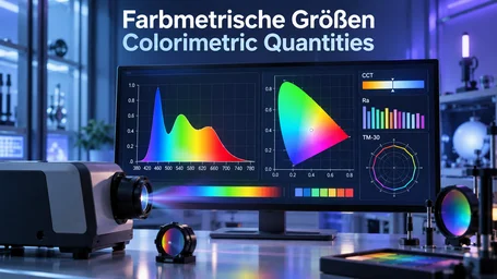 Spectroradiometer in a laboratory beside a monitor showing a spectrum, the chromaticity diagram and the figures CCT, Ra and TM-30