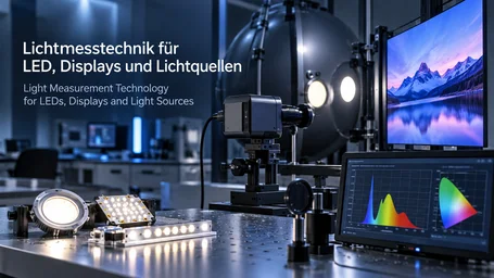 Integrating sphere and measurement camera on an optical bench in front of LED modules and displays, a monitor showing spectrum and chromaticity diagram alongside – light measurement technology for LEDs, displays and light sources
