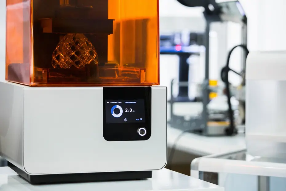 Stereolithography 3D printer in operation: lattice part under the orange UV protective hood