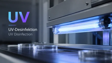 UVC lamp in a tunnel module irradiating Petri dishes on a conveyor belt – UV disinfection