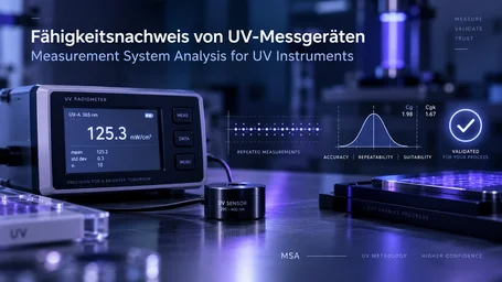 UV radiometer with reading and UV sensor, next to it a distribution curve with the capability indices Cg 1.98 and Cgk 1.67 – measurement system analysis for UV instruments