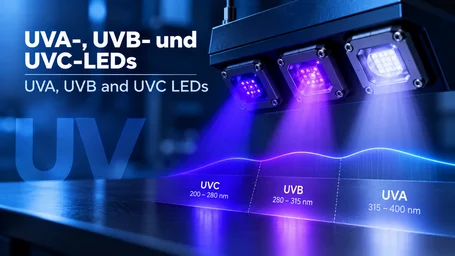 Three UV LED modules emitting side by side in violet and blue, below them the wavelength ranges UVC 200–280 nm, UVB 280–315 nm and UVA 315–400 nm – UVA, UVB and UVC LEDs