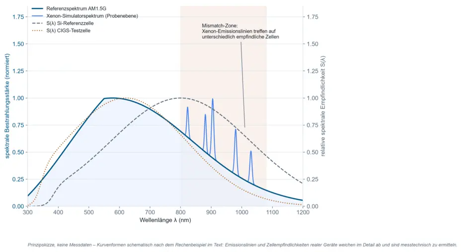 Schematic: AM1.5G reference spectrum against a xenon simulator spectrum with emission lines above 800 nm, overlaid with the spectral responsivity curves of a silicon reference cell and a CIGS test cell