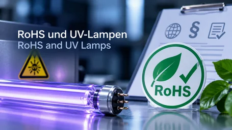 UV fluorescent lamp with an optical radiation warning sign next to a RoHS seal and a checklist – RoHS and UV lamps