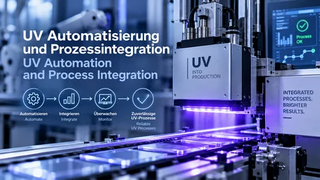UV LED module above circuit boards on a cycled production line, next to it a process monitor with status display and the icons automate, integrate, monitor and reliable UV processes – UV automation and process integration