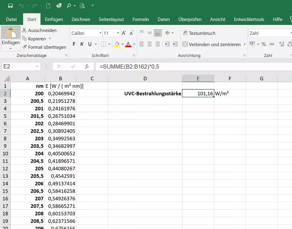 Calculate irradiance from spectrum in Excel