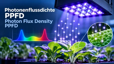 LED module above seedlings with photons shown as arrows onto a leaf and the emission spectrum on the left – calculating the photon flux density PPFD