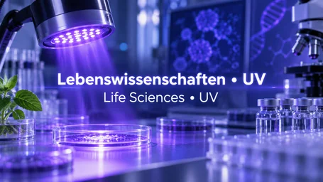 UV LED emitter above Petri dishes in the laboratory, alongside a microscope, vials and a plant – life sciences
