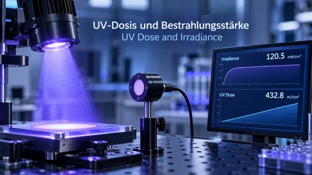 UV emitter above a sample in the laboratory, next to it a radiometer head on a stand and a monitor showing irradiance and UV dose curves