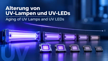 Row of UV lamps and UV LED modules with brightness decreasing from left to right, above them a curve falling over time – ageing of UV lamps and UV LEDs