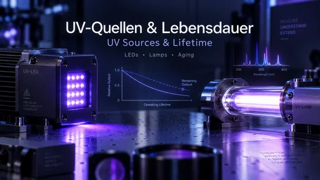 UV LED module and UV lamp side by side with an output curve declining over operating time and a line spectrum in between – UV sources and lifetime