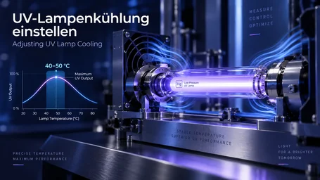 Low-pressure mercury lamp with fan cooling, next to it a curve of UV output over lamp temperature peaking at 40 to 50 °C – adjusting UV lamp cooling