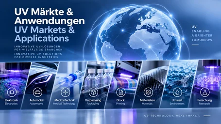 Connected globe above a row of industry images for electronics, automotive, medical technology, packaging, printing, materials, environment and research – UV markets and applications