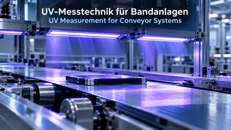 Workpiece on a conveyor belt beneath UV LED arrays in a production line, violet radiation field above the component plane