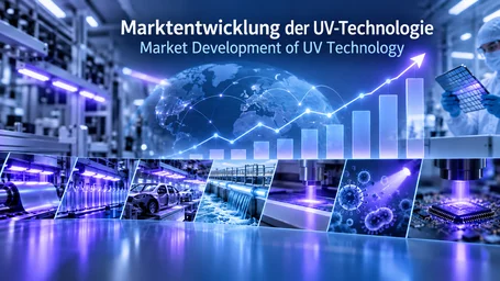 Rising bars and a growth curve in front of a globe, below a strip of images of UV applications in printing, bottling, automotive, water treatment and electronics