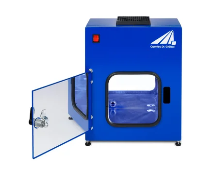 cámara de irradiación UV-LED BSL-01i con puerta abierta, funcionamiento inerte bajo nitrógeno