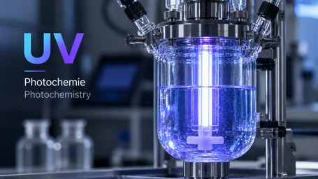Double-walled glass reactor with a blue-violet immersion lamp in a reaction solution – photochemistry