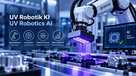 Robot arm with a UV LED tool above parts on a conveyor, next to it a monitor showing AI vision inspection and the icons automate, AI-powered, precise processes and higher efficiency – UV robotics with AI