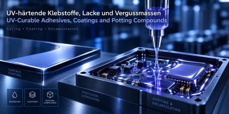 Dispensing needle applying potting compound to an assembled circuit board, a coated part with a glossy surface alongside – UV-curable adhesives, coatings and potting compounds