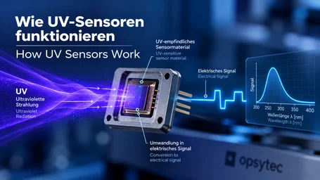 Signal chain of a UV sensor: incoming UV radiation hits the UV-sensitive sensor material, is converted into an electrical signal and shown as a spectral responsivity curve – how UV sensors work